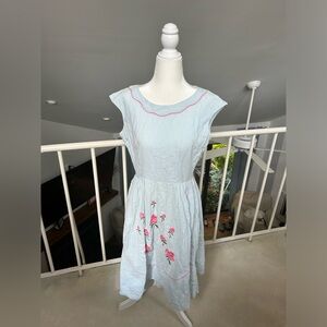 Vintage 50s-60s Blue And white Stripe Embroidered Pink Flowers House Dress Rare